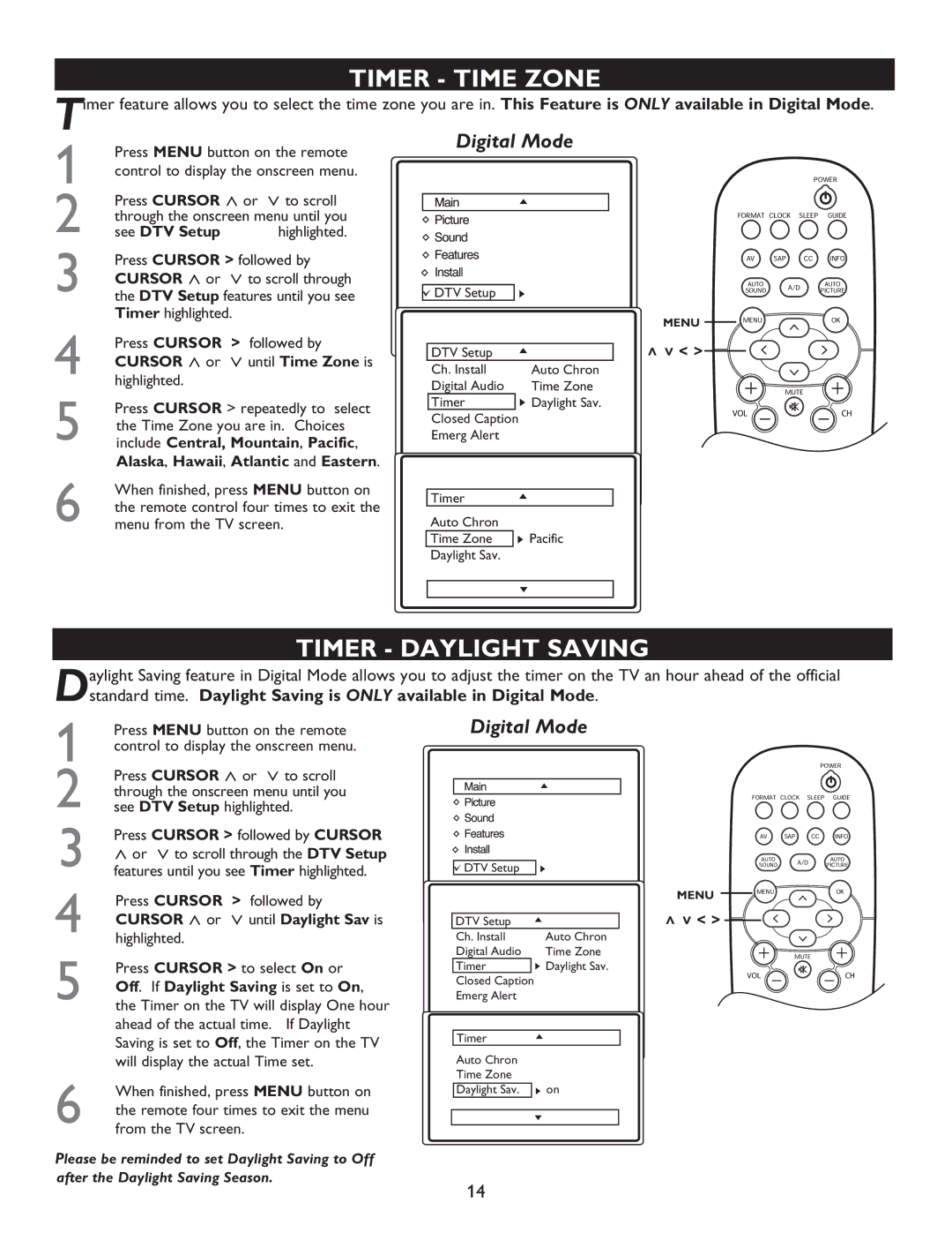 Philips 32PT7005D, 27PT9015D, 32PT9005D user manual Timer Time Zone, Timer Daylight Saving 