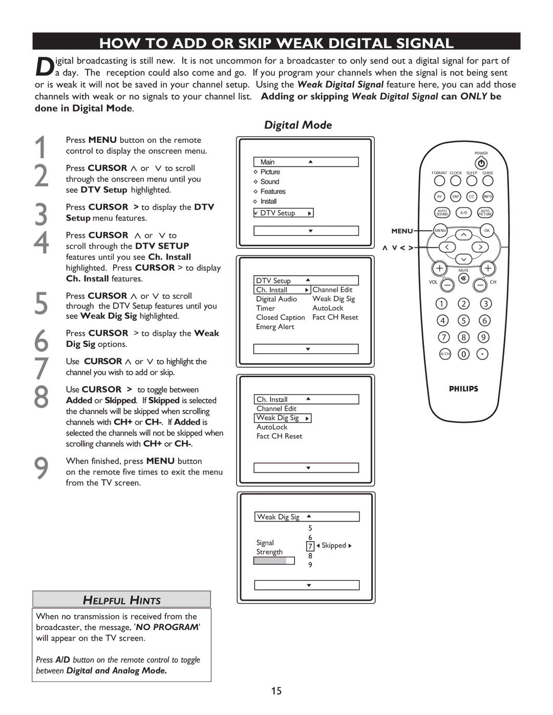 Philips 27PT9015D, 32PT9005D, 32PT7005D user manual HOW to ADD or Skip Weak Digital Signal, Dig Sig options 