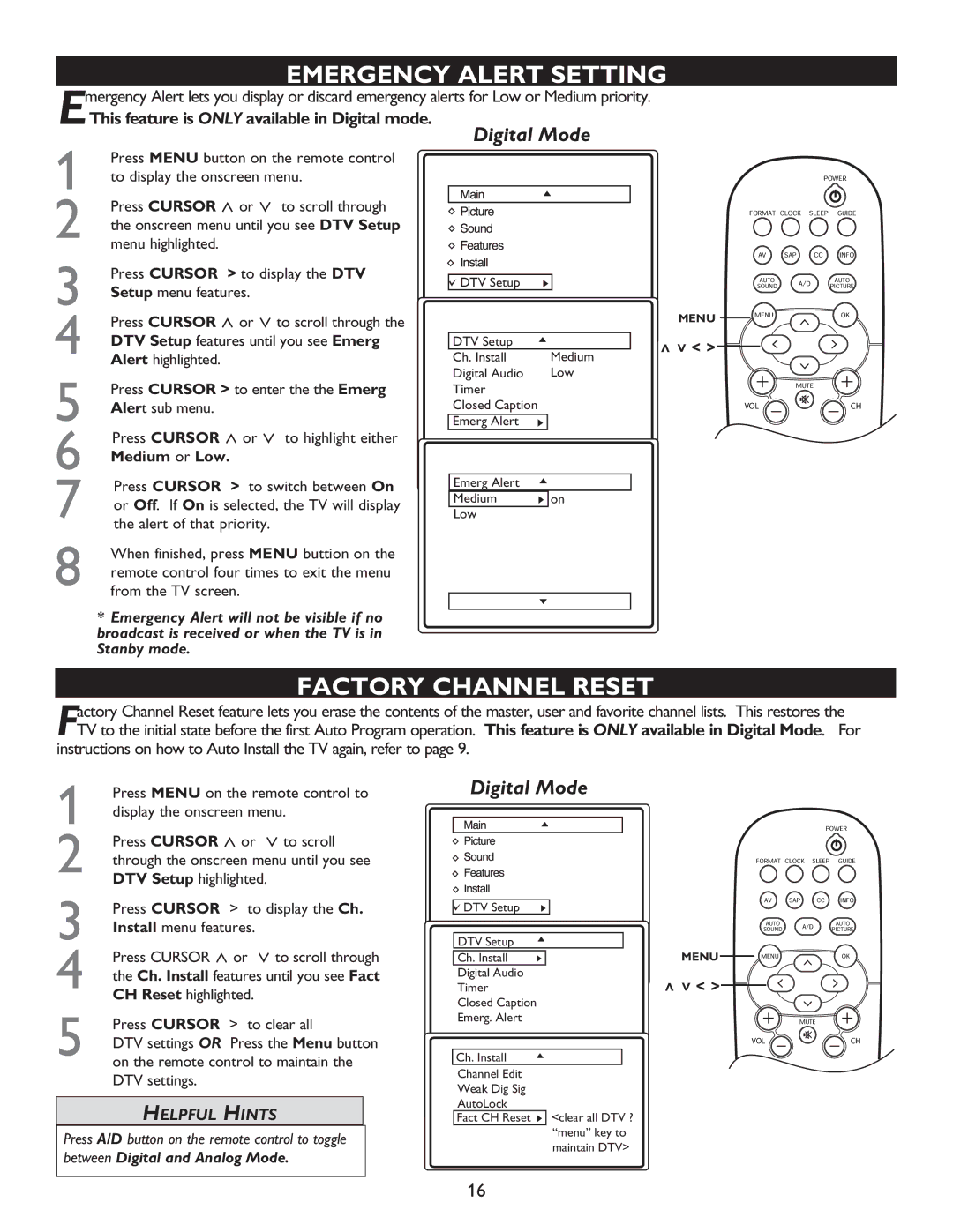 Philips 32PT9005D, 27PT9015D, 32PT7005D user manual Emergency Alert Setting, Factory Channel Reset, Medium or Low 