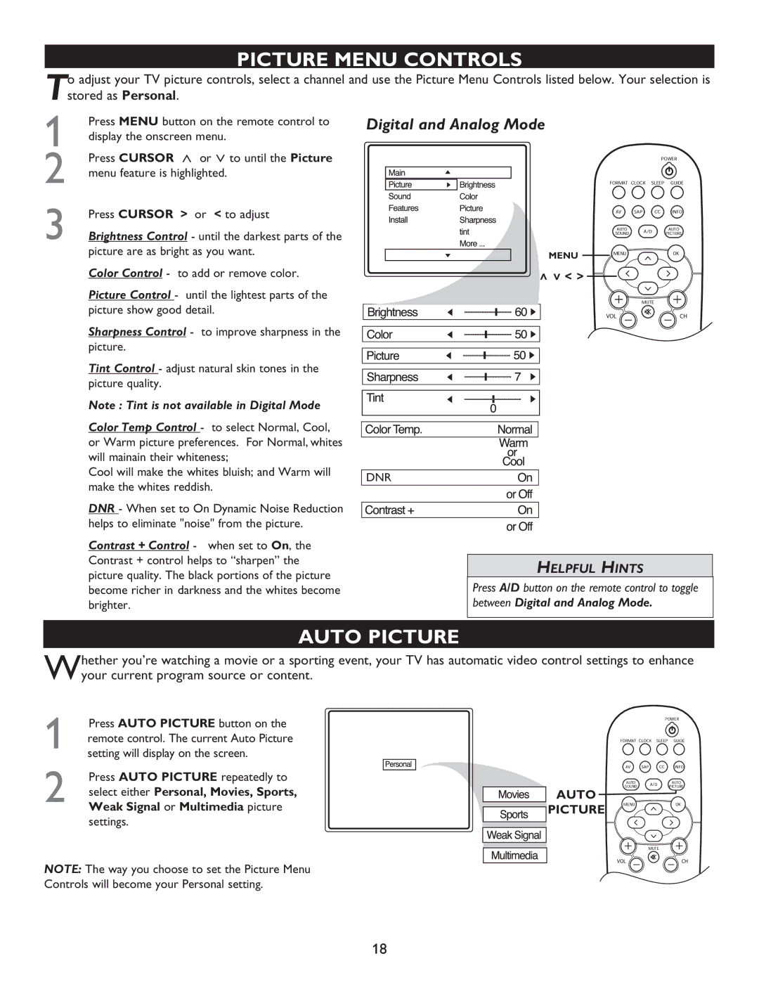 Philips 27PT9015D, 32PT9005D, 32PT7005D user manual Picture Menu Controls, Auto Picture, Weak Signal or Multimedia picture 