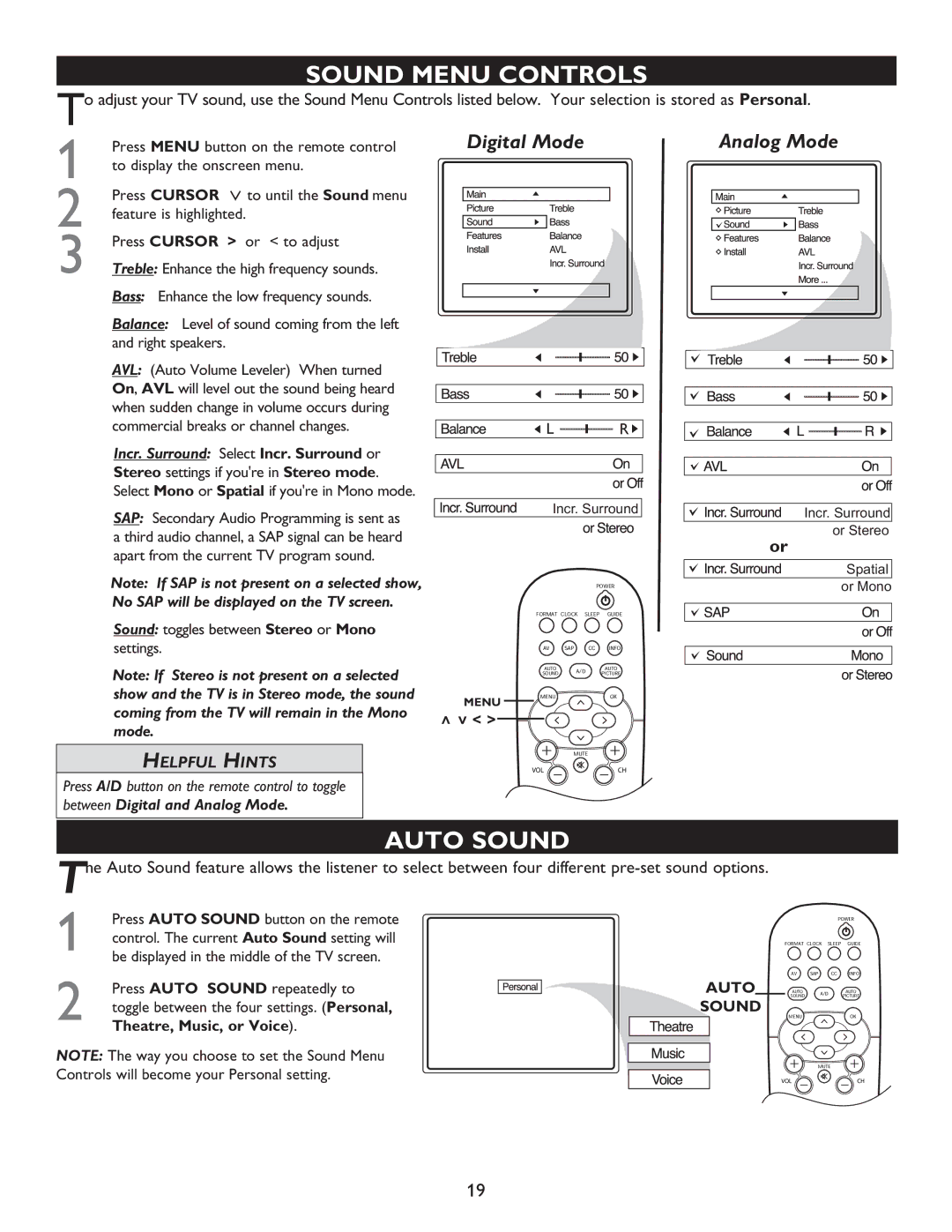 Philips 32PT9005D, 27PT9015D, 32PT7005D user manual Sound Menu Controls, Auto Sound, Theatre, Music, or Voice 