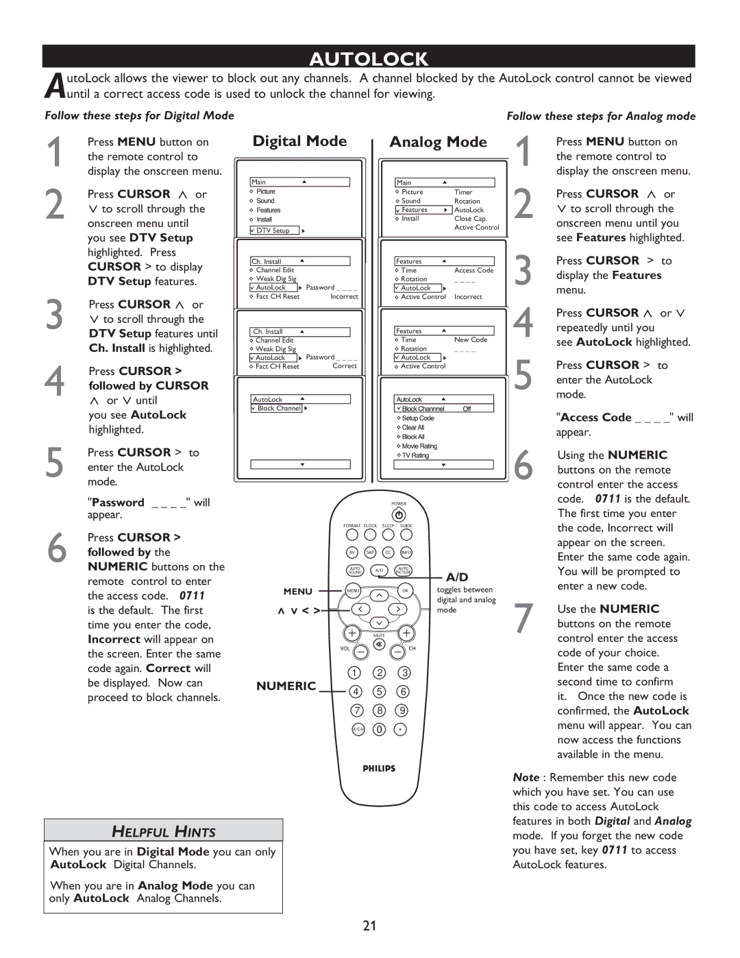 Philips 27PT9015D, 32PT9005D, 32PT7005D user manual Autolock, Follow these steps for Digital Mode, Numeric 