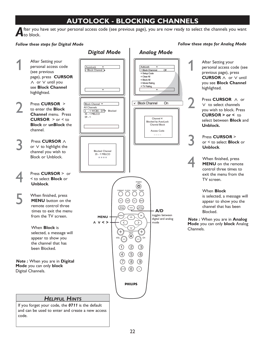 Philips 32PT9005D, 27PT9015D, 32PT7005D user manual Autolock Blocking Channels 