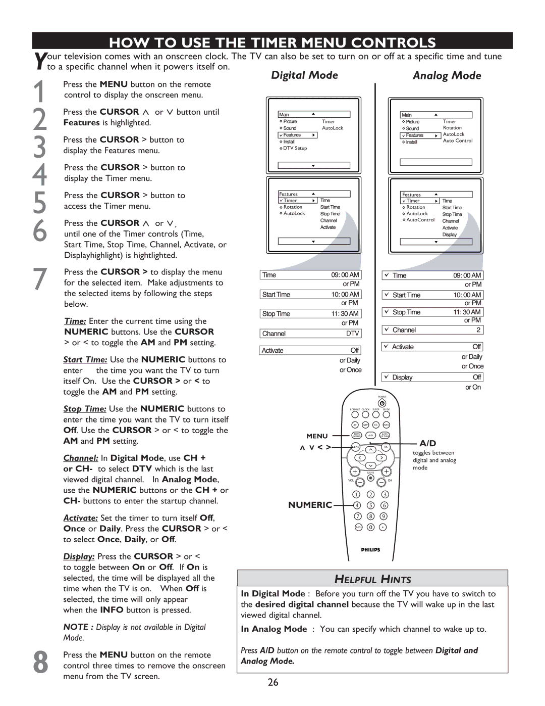 Philips 32PT7005D, 27PT9015D, 32PT9005D user manual HOW to USE the Timer Menu Controls 