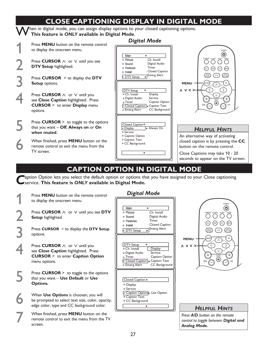 Philips 27PT9015D, 32PT9005D, 32PT7005D user manual Close Captioning Display in Digital Mode, Caption Option in Digital Mode 