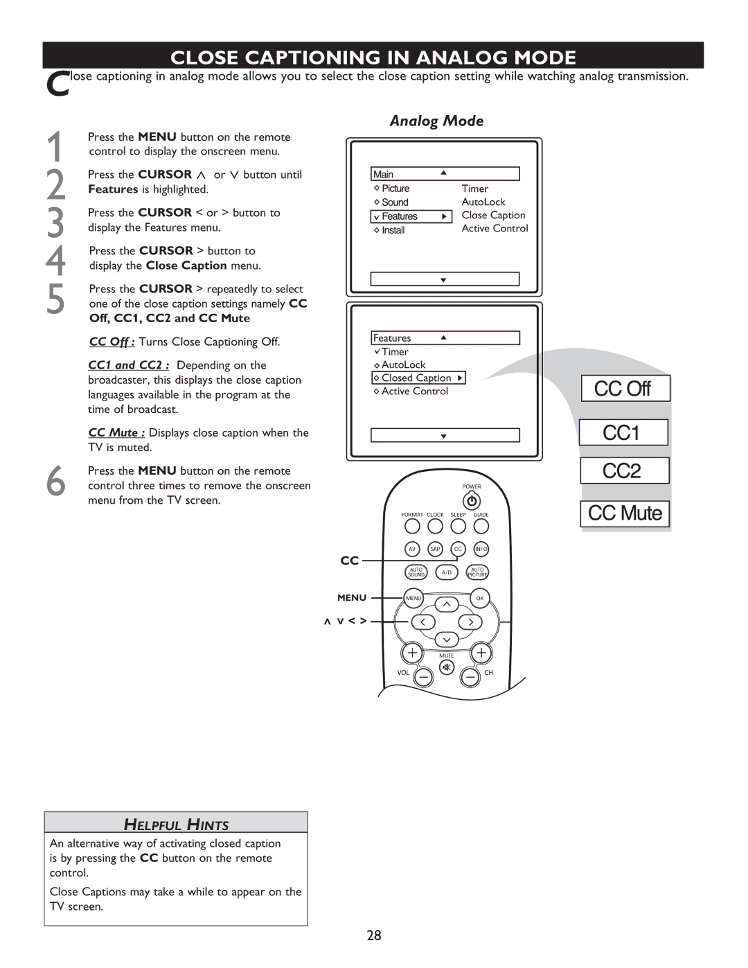 Philips 32PT9005D, 27PT9015D, 32PT7005D user manual Close Captioning in Analog Mode, Off, CC1, CC2 and CC Mute 