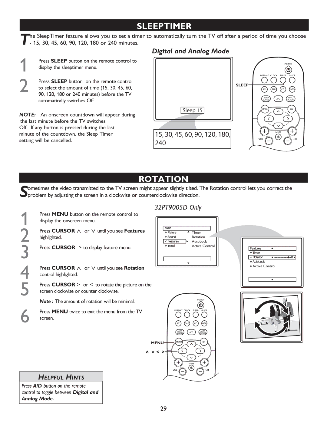 Philips 32PT7005D, 27PT9015D, 32PT9005D user manual Sleeptimer, Rotation, Display the sleeptimer menu 