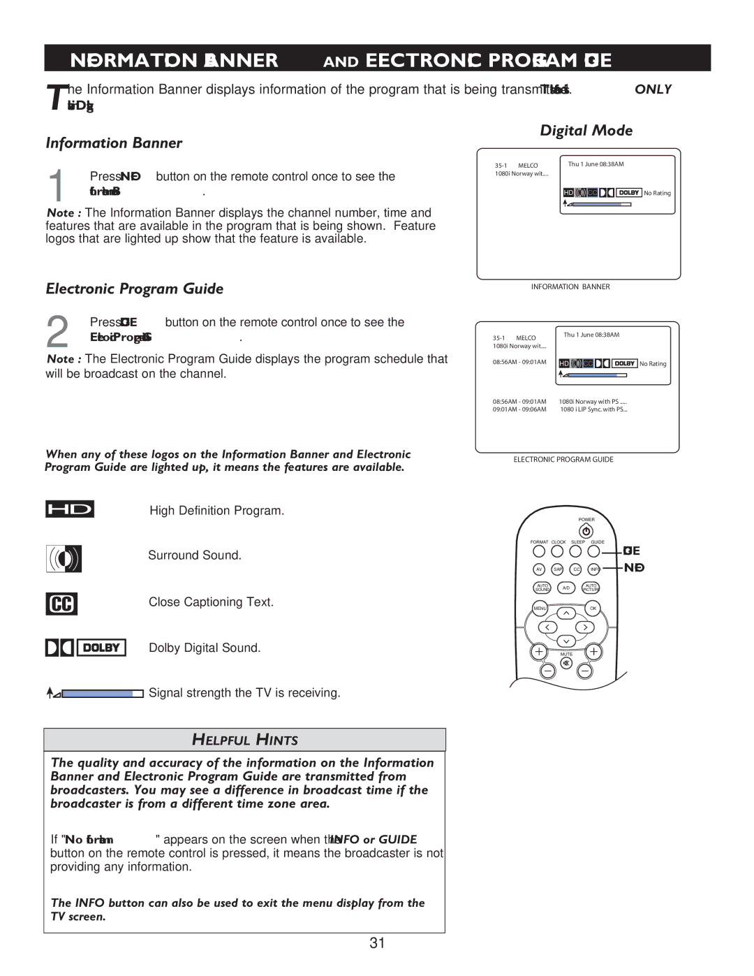 Philips 32PT9005D, 27PT9015D, 32PT7005D user manual Information Banner and Electronic Program Guide 