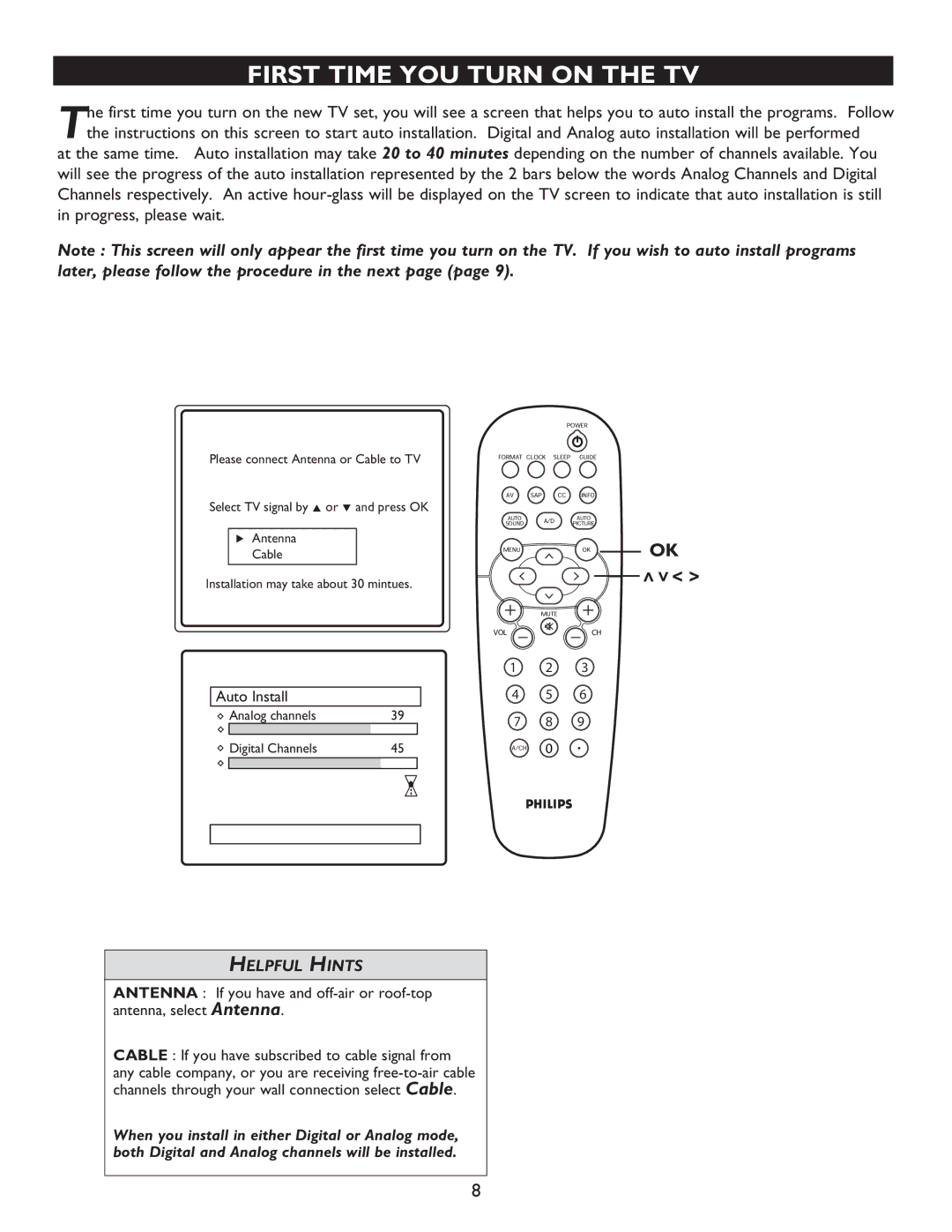 Philips 32PT7005D, 27PT9015D, 32PT9005D user manual First Time YOU Turn on the TV, Auto Install 