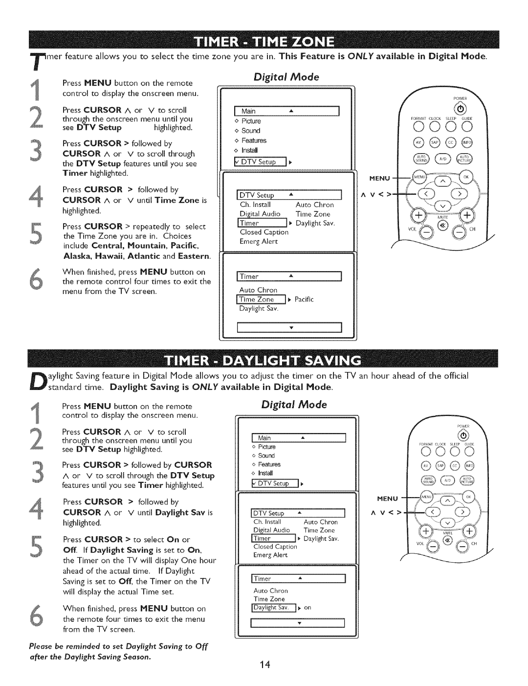 Philips 32PTG005D, 27PTG015D, 32PT7OO5D owner manual Main Picture, Sound, Install, DaylightSay LTimer 