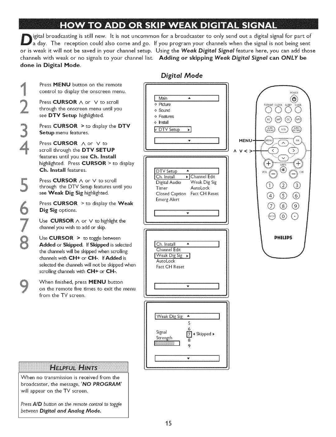 Philips 27PTG015D Main Picture Sound Features Install ¢ DTV Setup, Ch. Install Channel Edit AutoLock FactCH Reset 