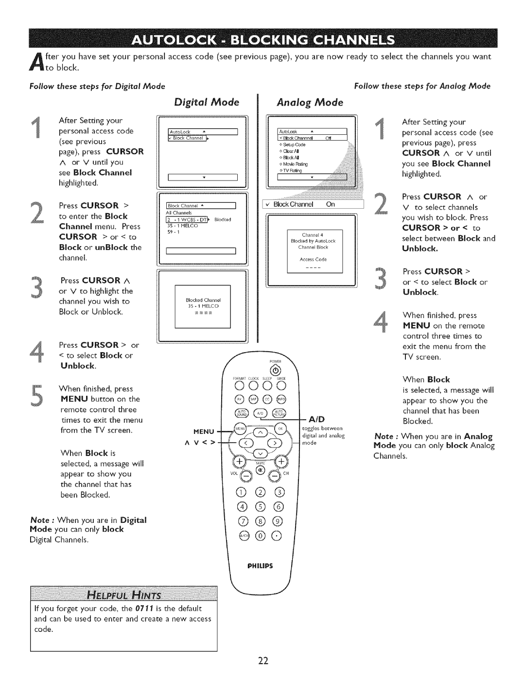 Philips 32PT7OO5D, 27PTG015D, 32PTG005D Press Cursor Or to select Block or Unblock, Follow these steps for Digital Mode 