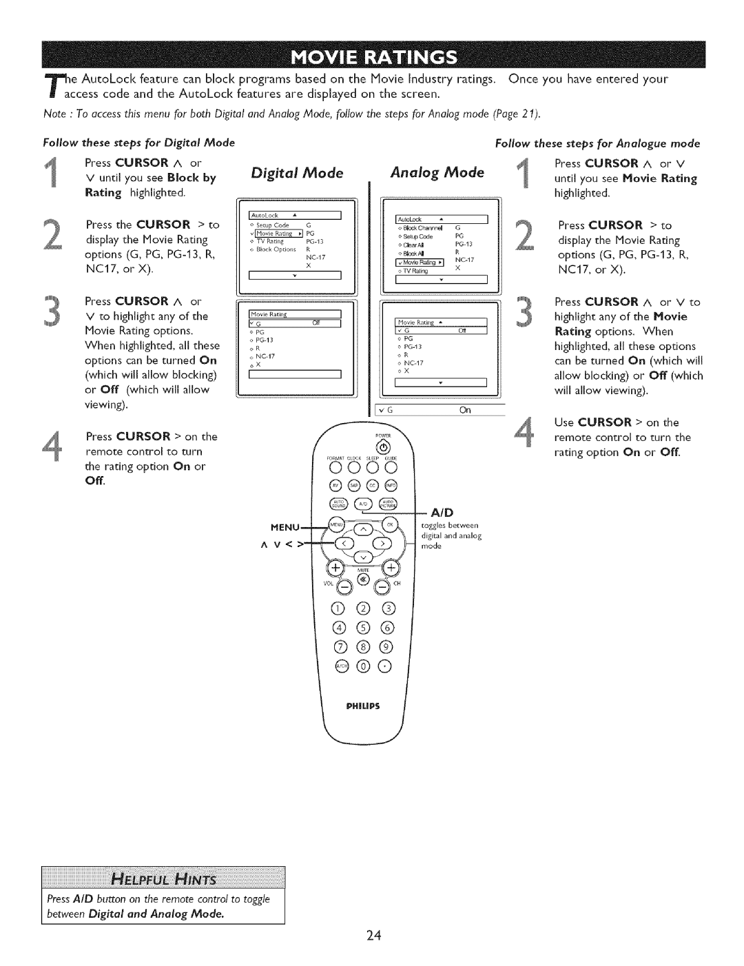 Philips 27PTG015D, 32PT7OO5D, 32PTG005D owner manual Follow these steps for Digital Mode Press Cursor or, Lug 