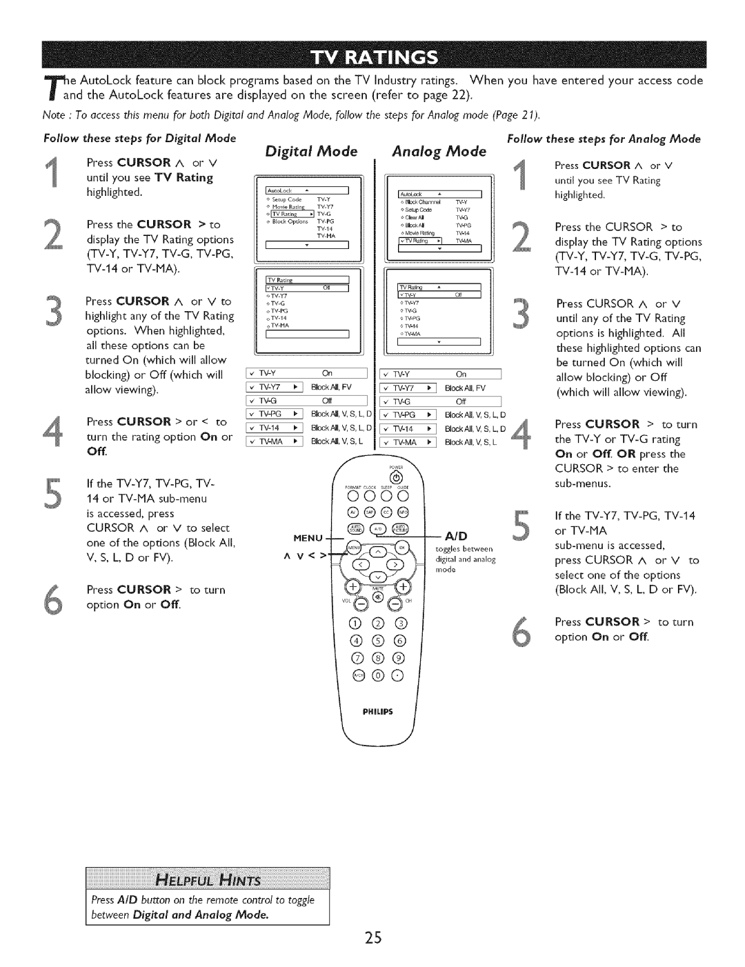 Philips 32PT7OO5D, 27PTG015D Press Cursor to turn Option On or Off, Sub-rnenu is accessed, Block All, V, S, L, D or FV 