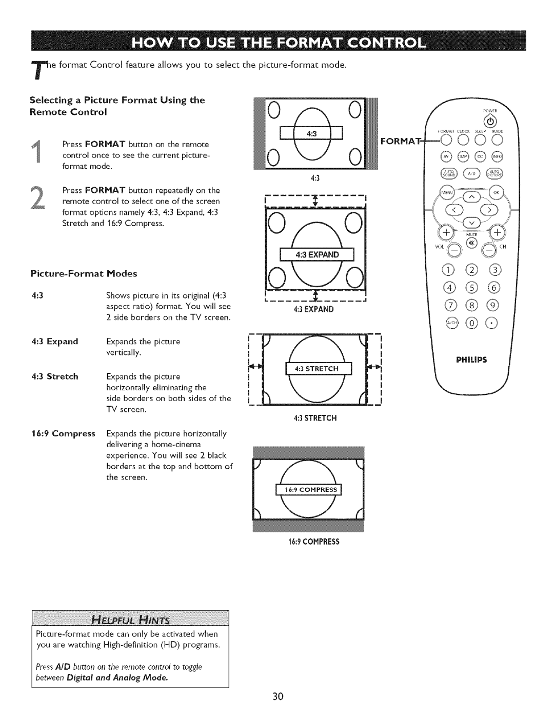 Philips 27PTG015D, 32PT7OO5D, 32PTG005D Selecting a Picture Format Using Remote Control, Expand Stretch Compress 