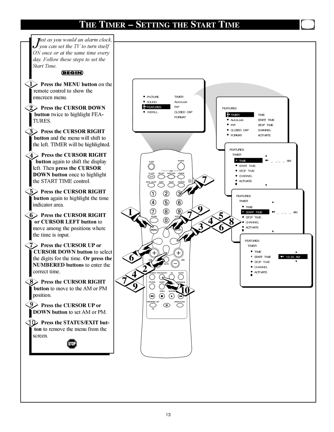 Philips 27RF 70S manual Timer Setting the Start Time 