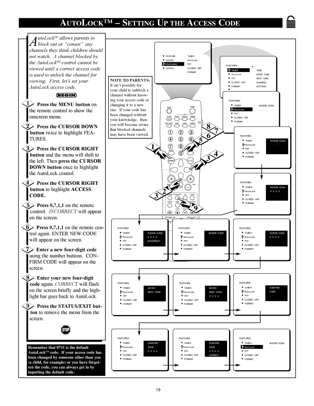 Philips 27RF 70S manual Autolock Setting UP the Access Code 