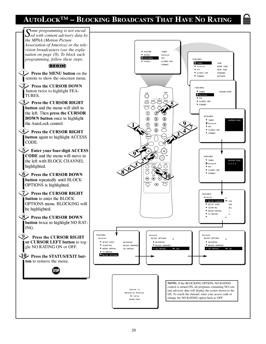 Philips 27RF 70S manual Autolock Blocking Broadcasts That have no Rating, Enter your four-digit Access 