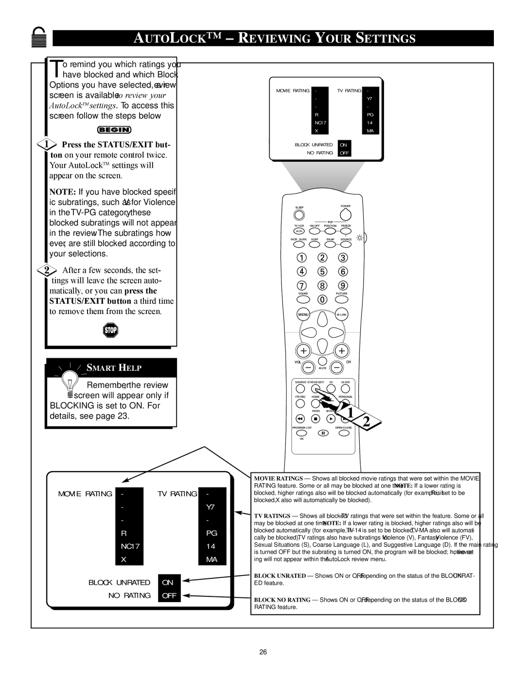 Philips 27RF 70S manual Autolock Reviewing Your Settings, Block Unrated No Rating 