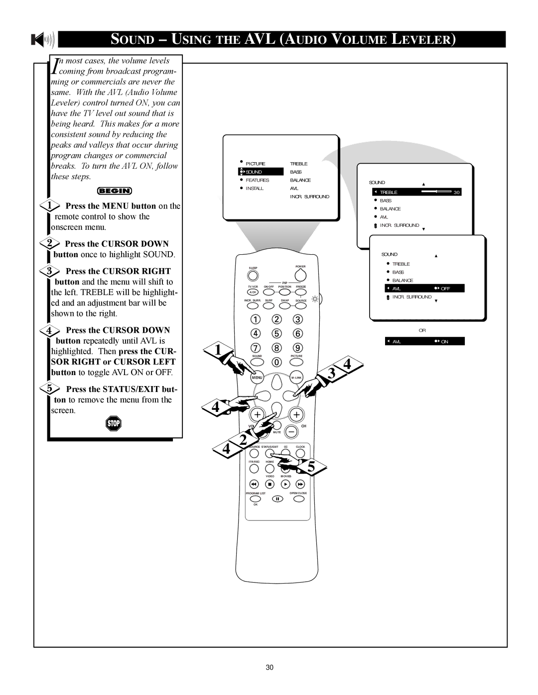 Philips 27RF 70S manual Sound Using the AVL Audio Volume Leveler, SOR Right or Cursor Left 