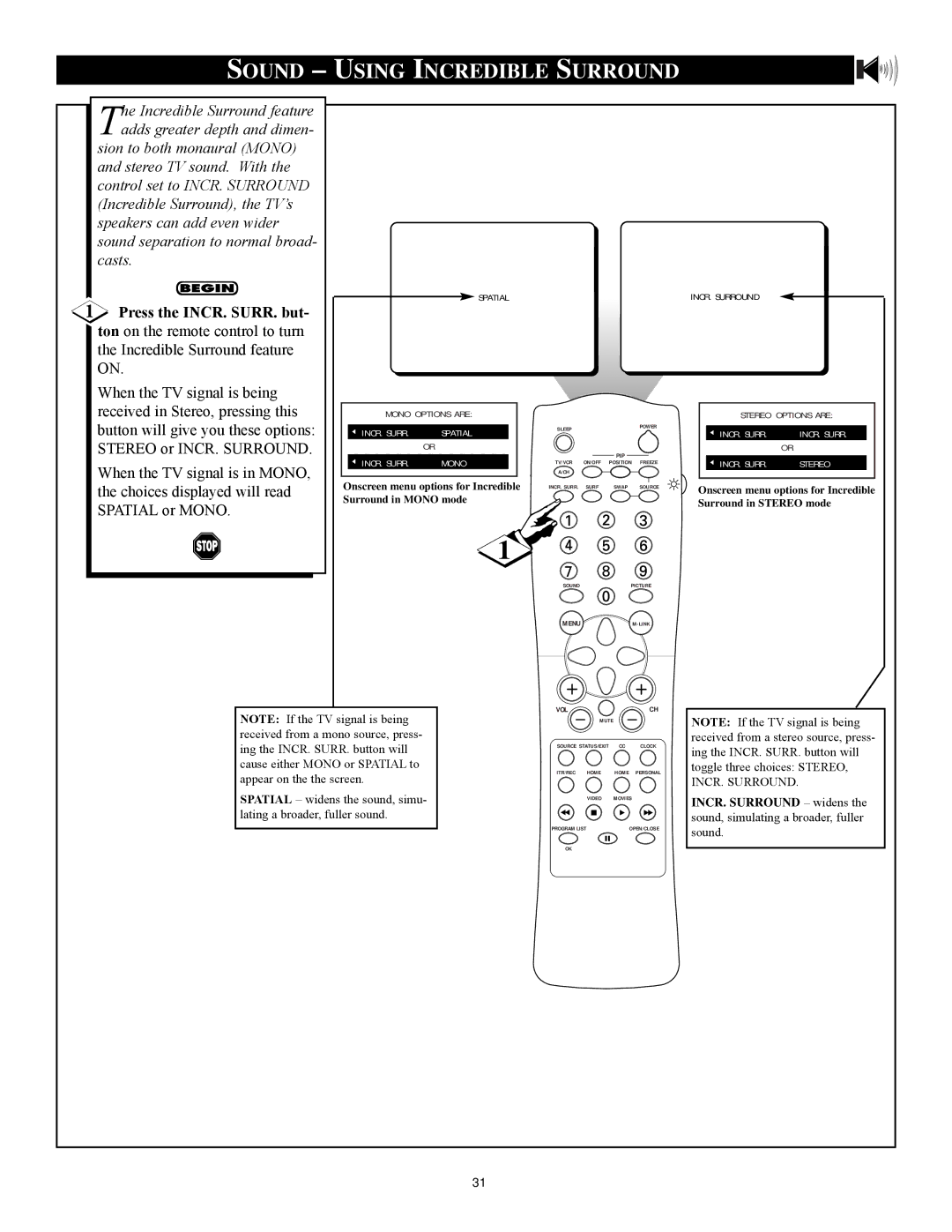 Philips 27RF 70S manual Sound Using Incredible Surround, Press the INCR. SURR. but 