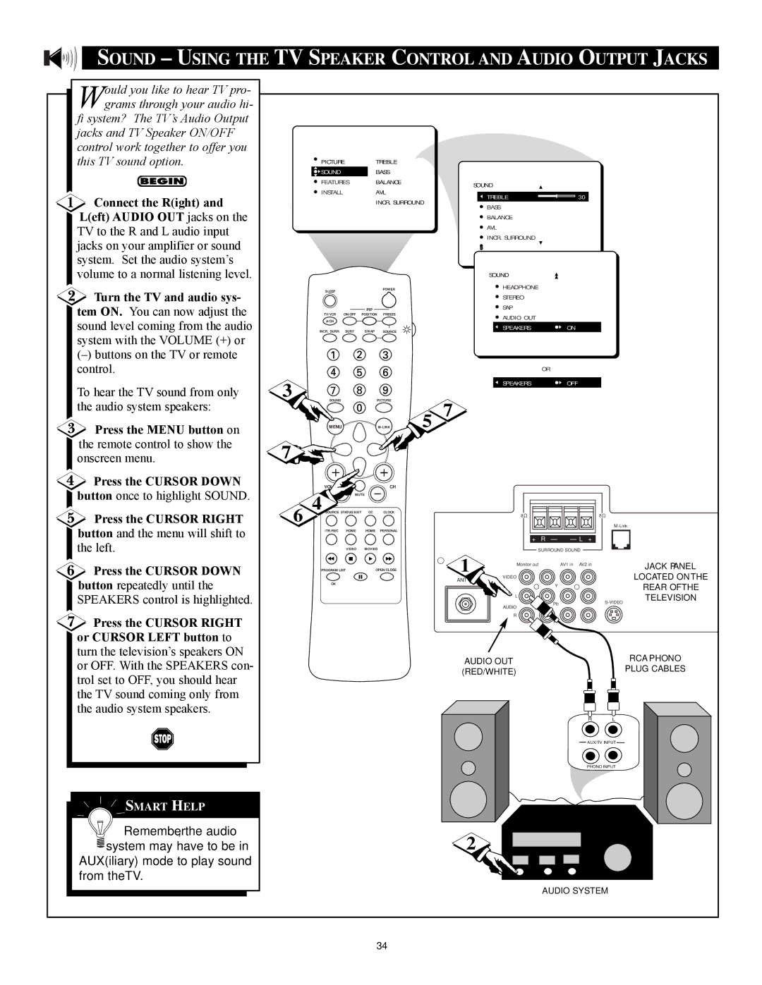 Philips 27RF 70S manual Sound Using the TV Speaker Control and Audio Output Jacks, Treble 