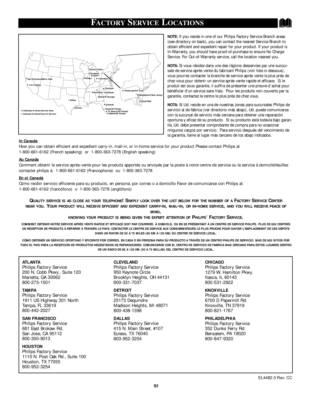 Philips 27RF 70S manual Factory Service Locations, Canada 