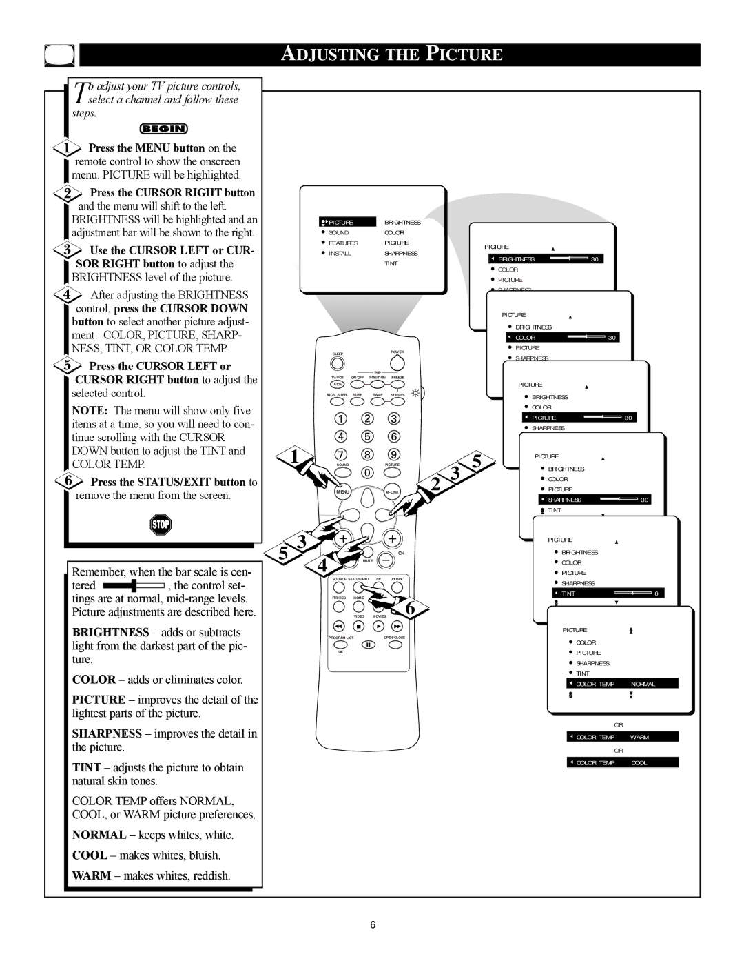 Philips 27RF 70S manual Adjusting the Picture 