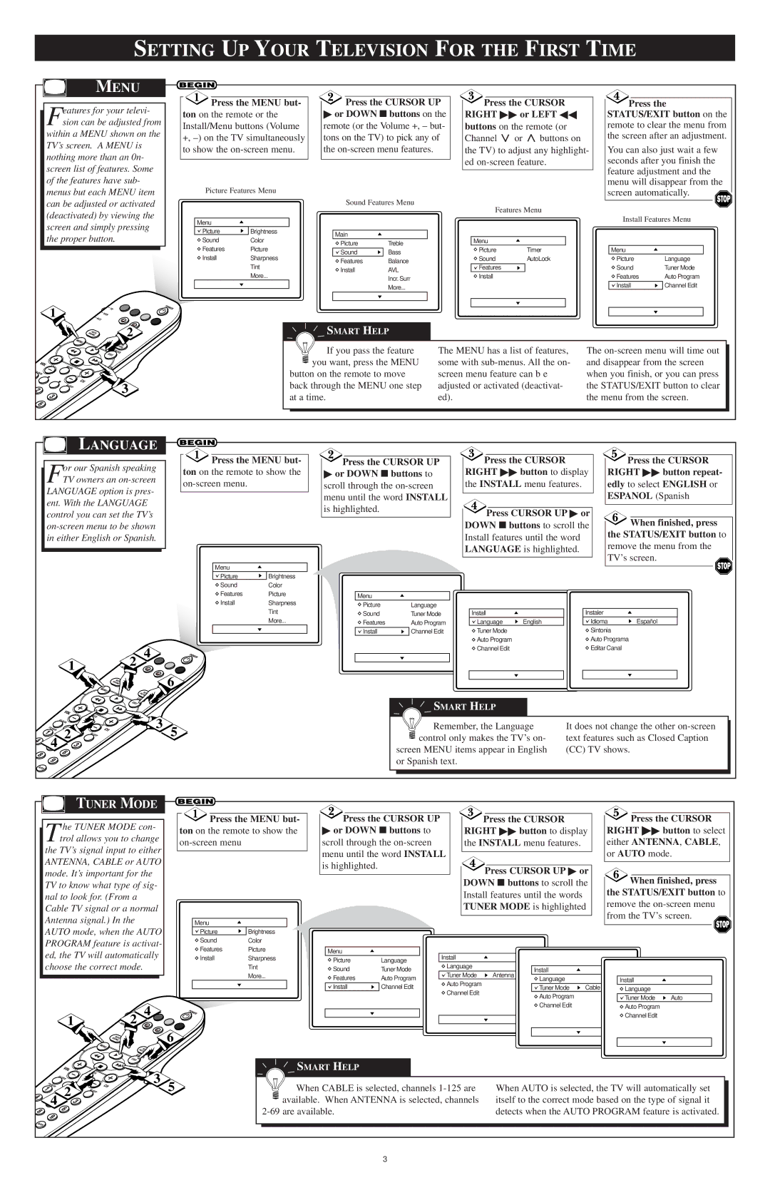 Philips 27RF50S99 setup guide Setting UP Your Television for the First Time, Menu, Language 