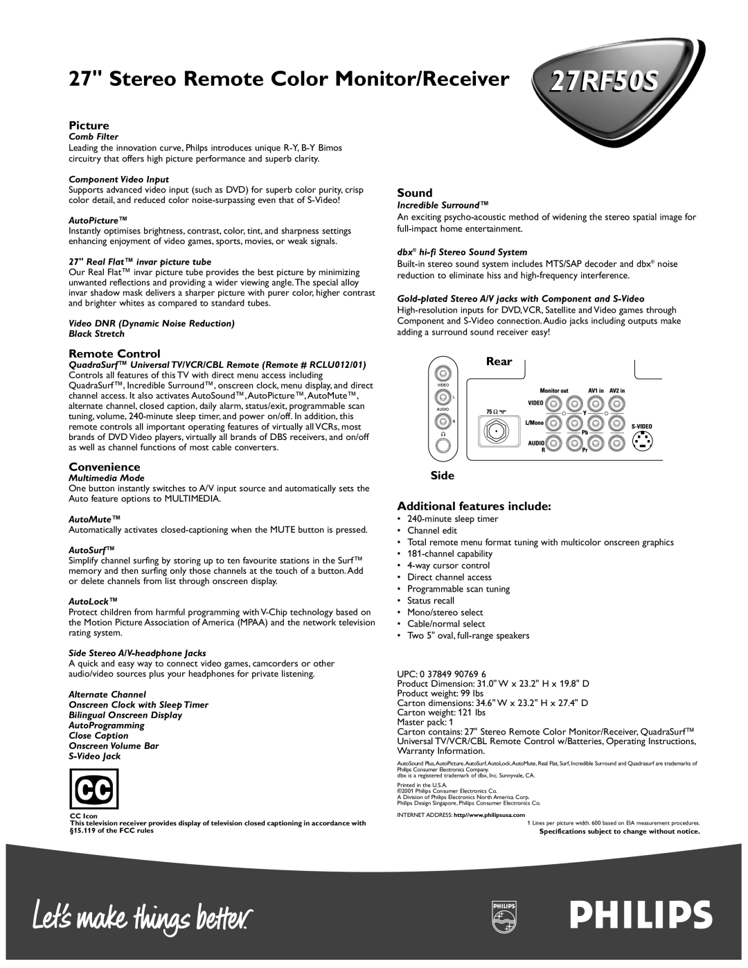 Philips 27RFF50S manual Picture, Sound, Remote Control, Convenience, Rear Side Additional features include 