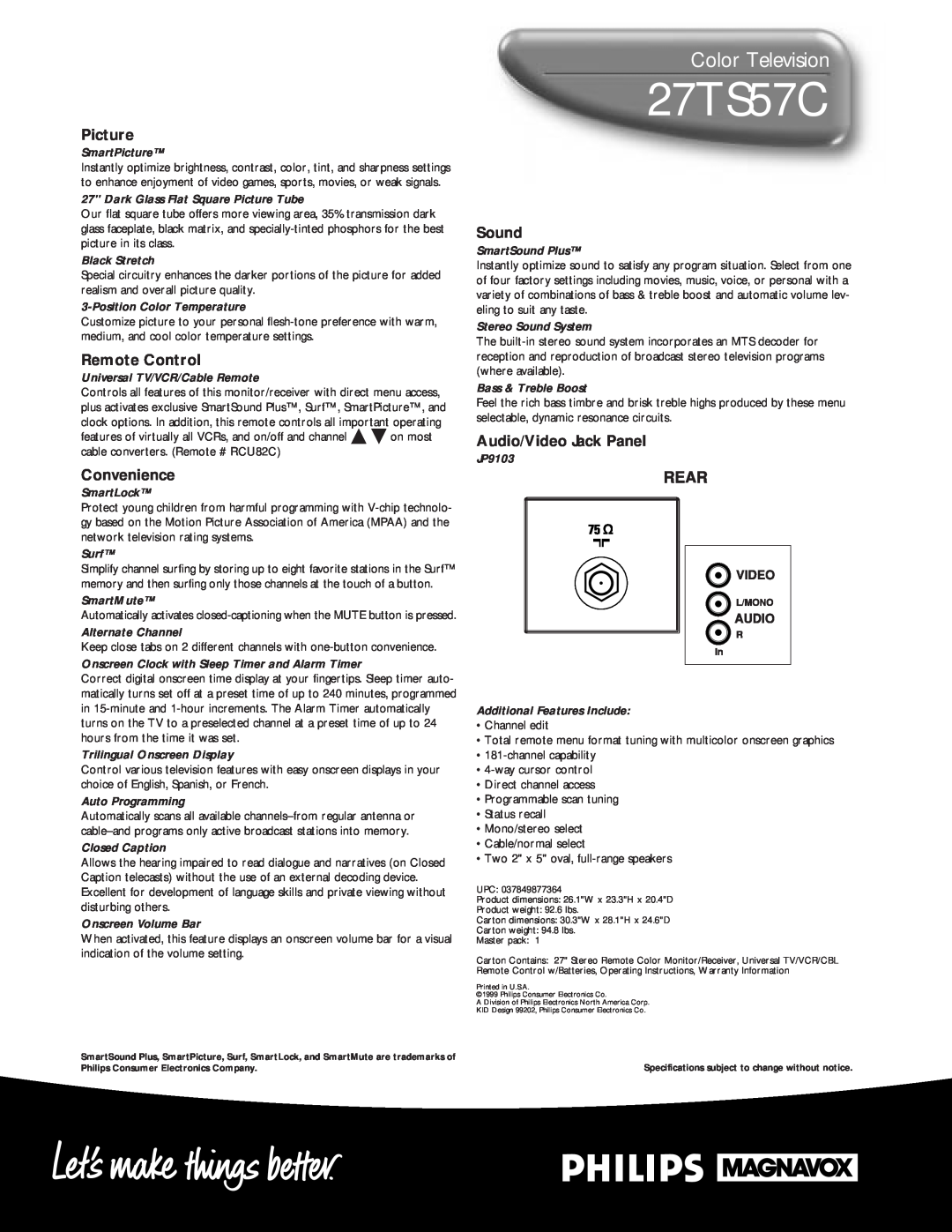 Philips 27TS57C manual Color Television, Picture, Remote Control, Convenience, Sound, Audio/Video Jack Panel 