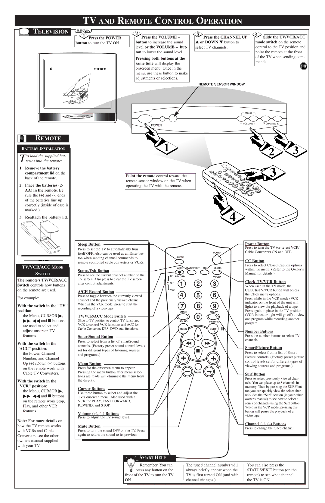 Philips 27TS57C1 setup guide TV and Remote Control Operation, Television 