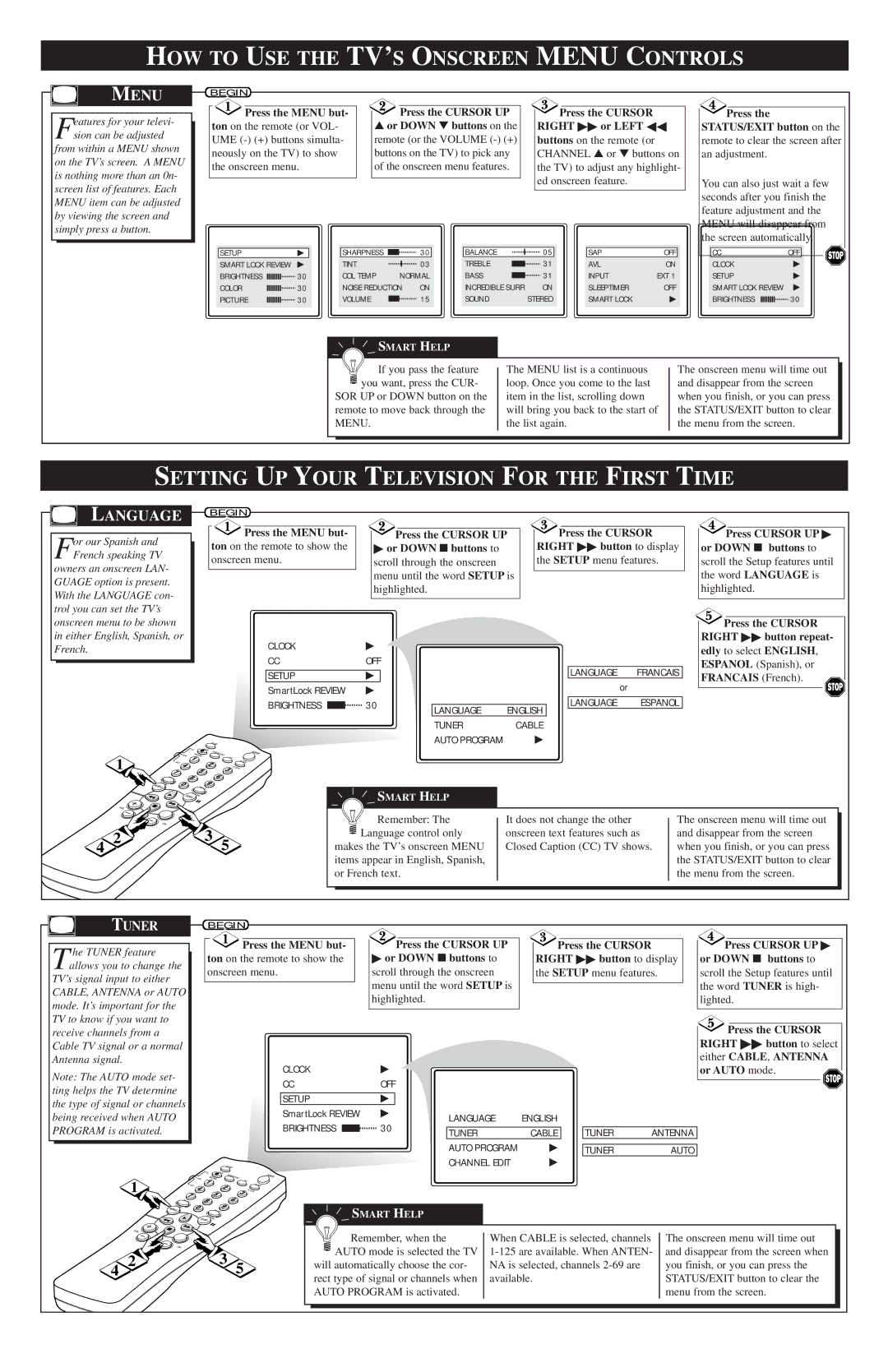 Philips 27TS57C1 HOW to USE the TV’S Onscreen Menu Controls, Setting UP Your Television for the First Time, Language 