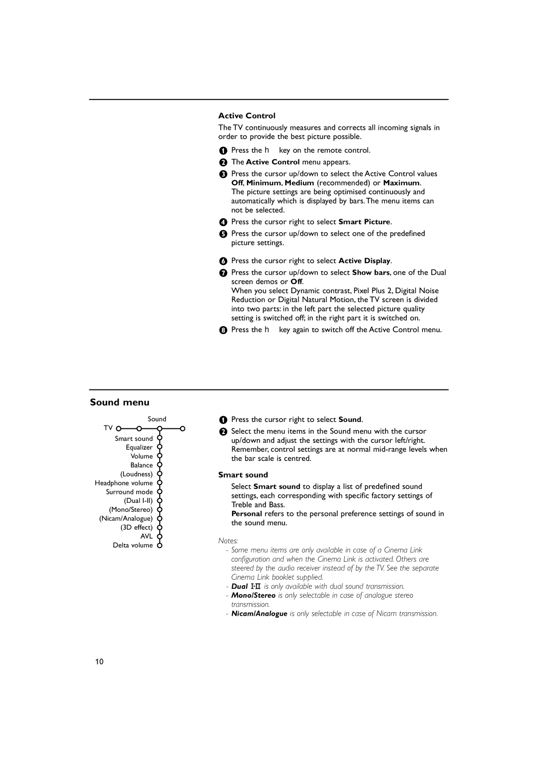 Philips 28-32PW9509 manual Sound menu, Active Control, Smart sound 