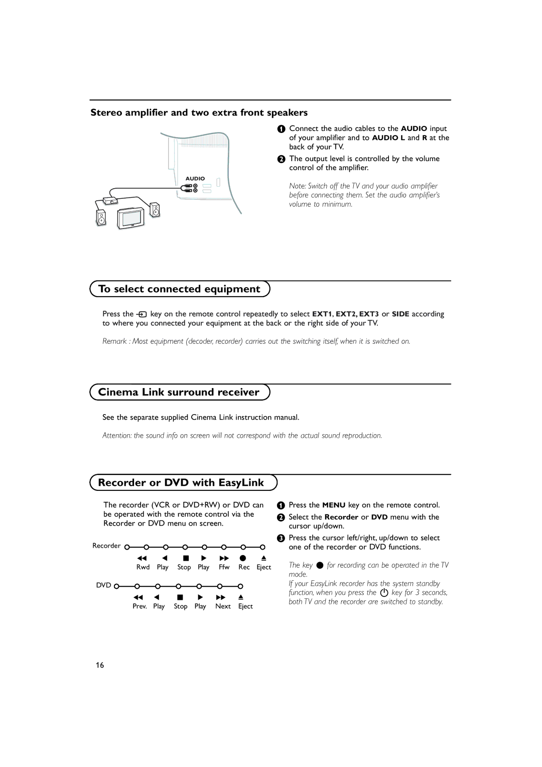 Philips 28-32PW9509 manual To select connected equipment, Cinema Link surround receiver Recorder or DVD with EasyLink 