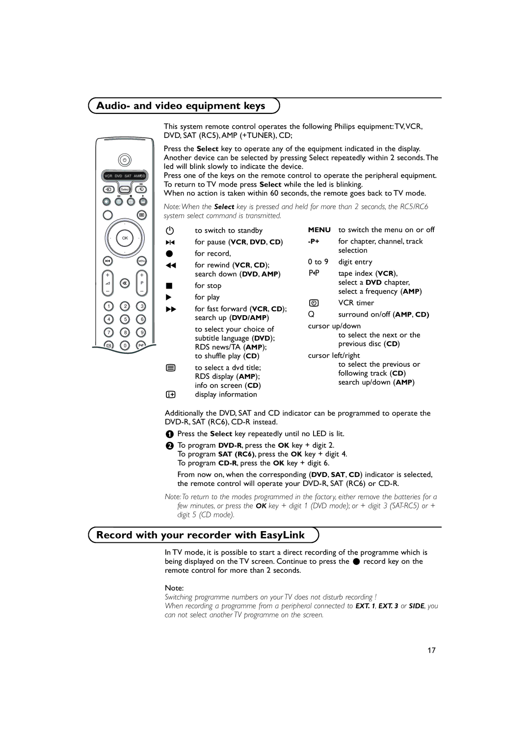 Philips 28-32PW9509 manual Audio- and video equipment keys, Record with your recorder with EasyLink 