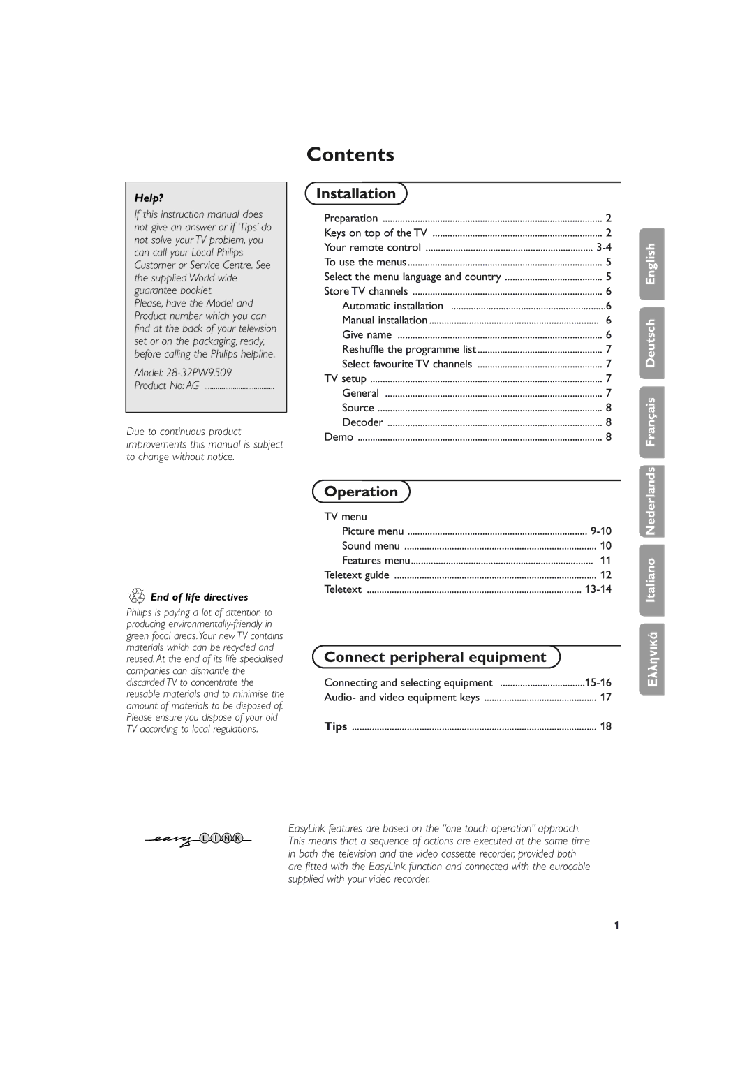 Philips 28-32PW9509 manual Contents 