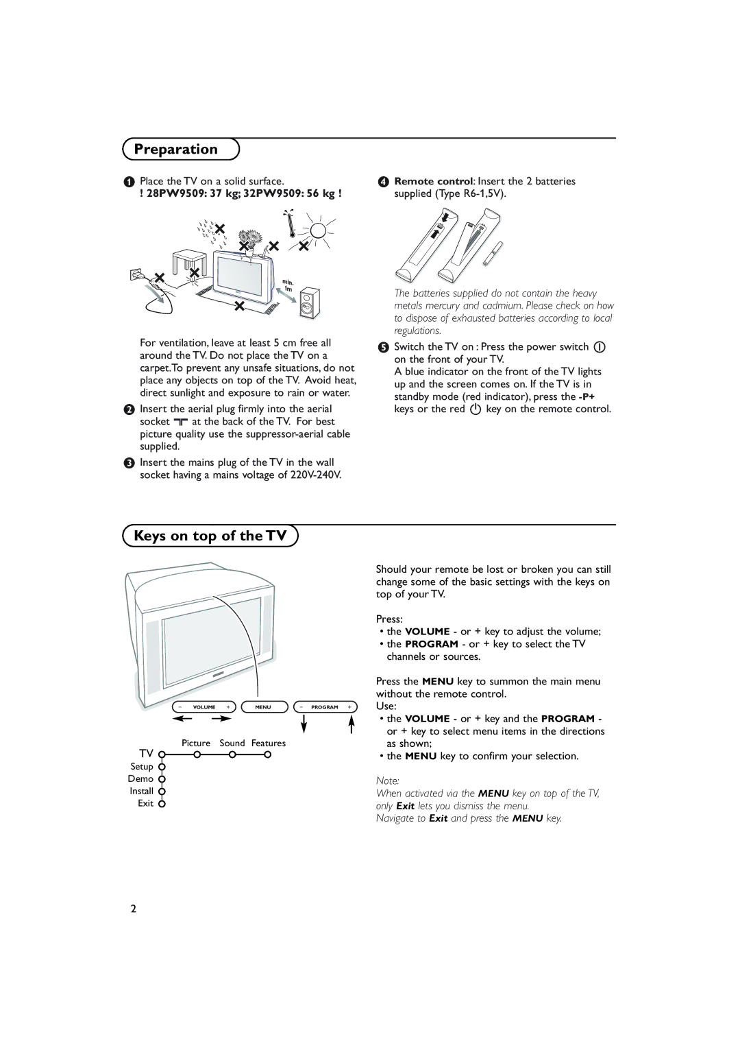 Philips 28-32PW9509 manual Preparation, Keys on top of the TV, 28PW9509 37 kg 32PW9509 56 kg 