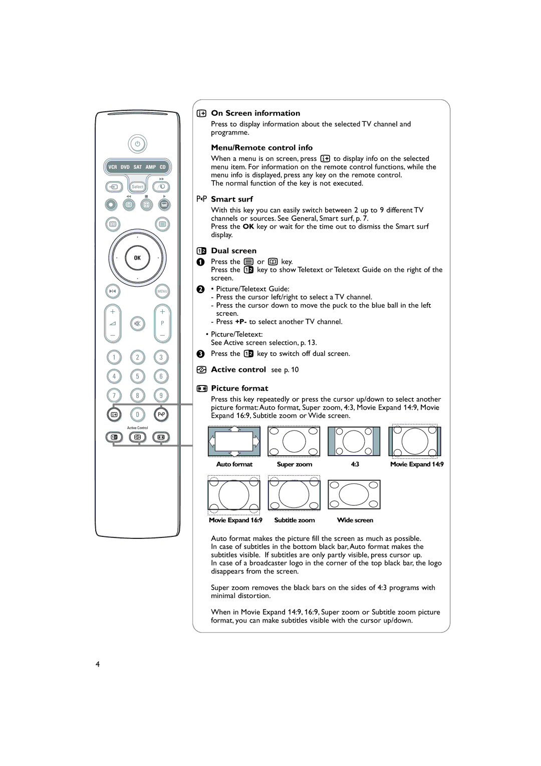 Philips 28-32PW9509 manual On Screen information, Menu/Remote control info, Smart surf, Dual screen 