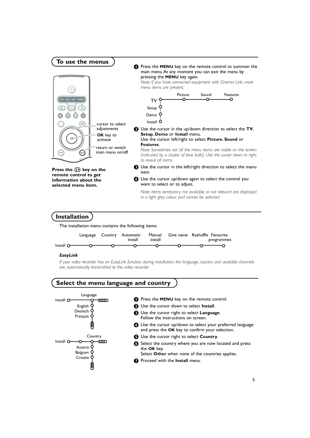 Philips 28-32PW9509 manual To use the menus, Select the menu language and country 