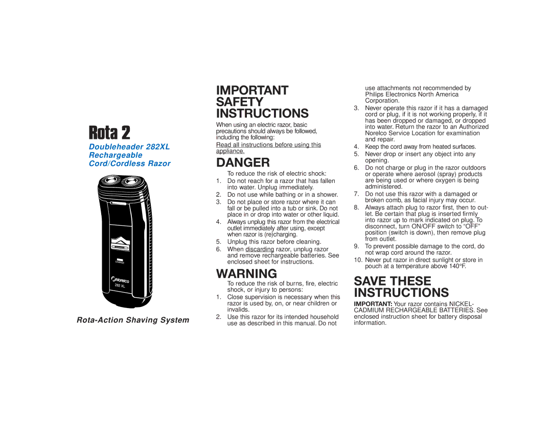 Philips 282XL important safety instructions Rota 