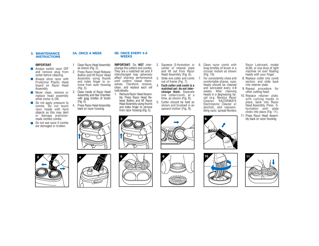 Philips 282XL important safety instructions Maintenance Instructions, 5A. Once a Week, 5B. Once Every Weeks 