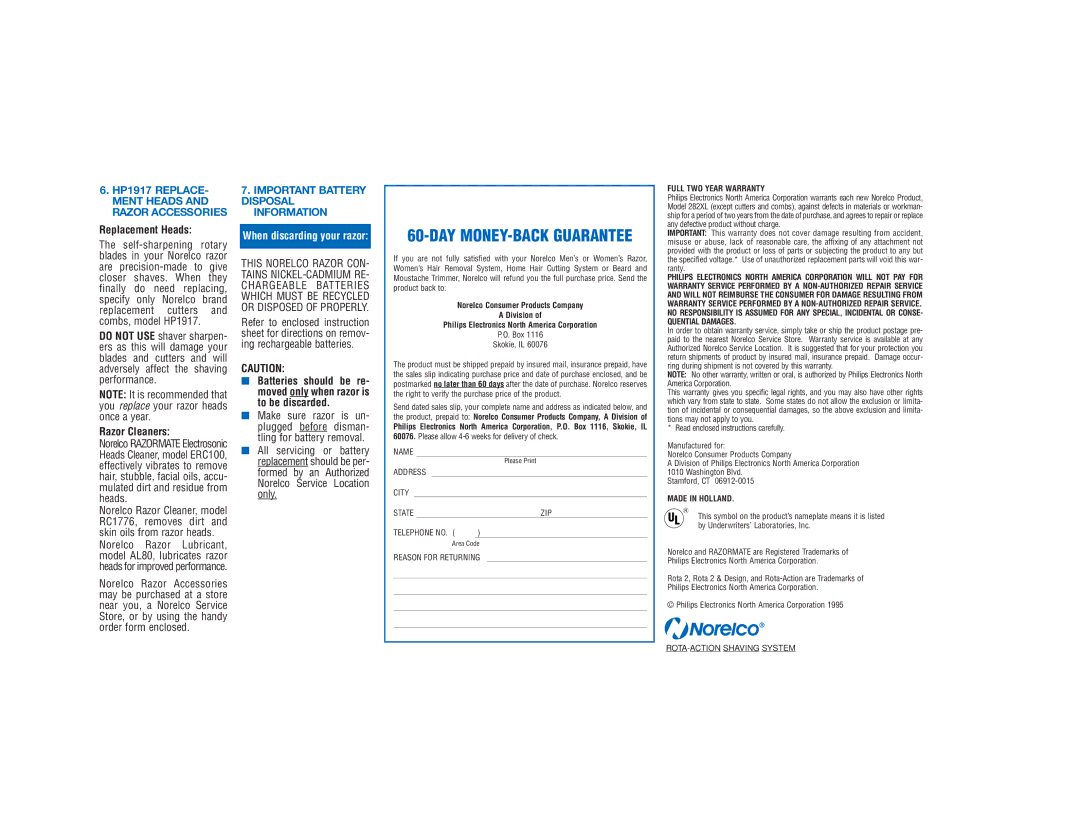 Philips 282XL important safety instructions Replacement Heads, Razor Cleaners, Important Battery Disposal Information 