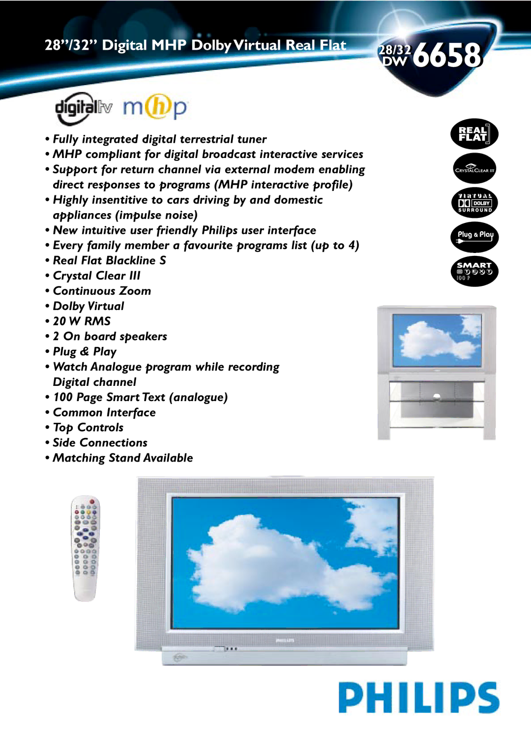 Philips 28/32 DW 6658 manual 28/32 Digital MHP Dolby Virtual Real Flat 