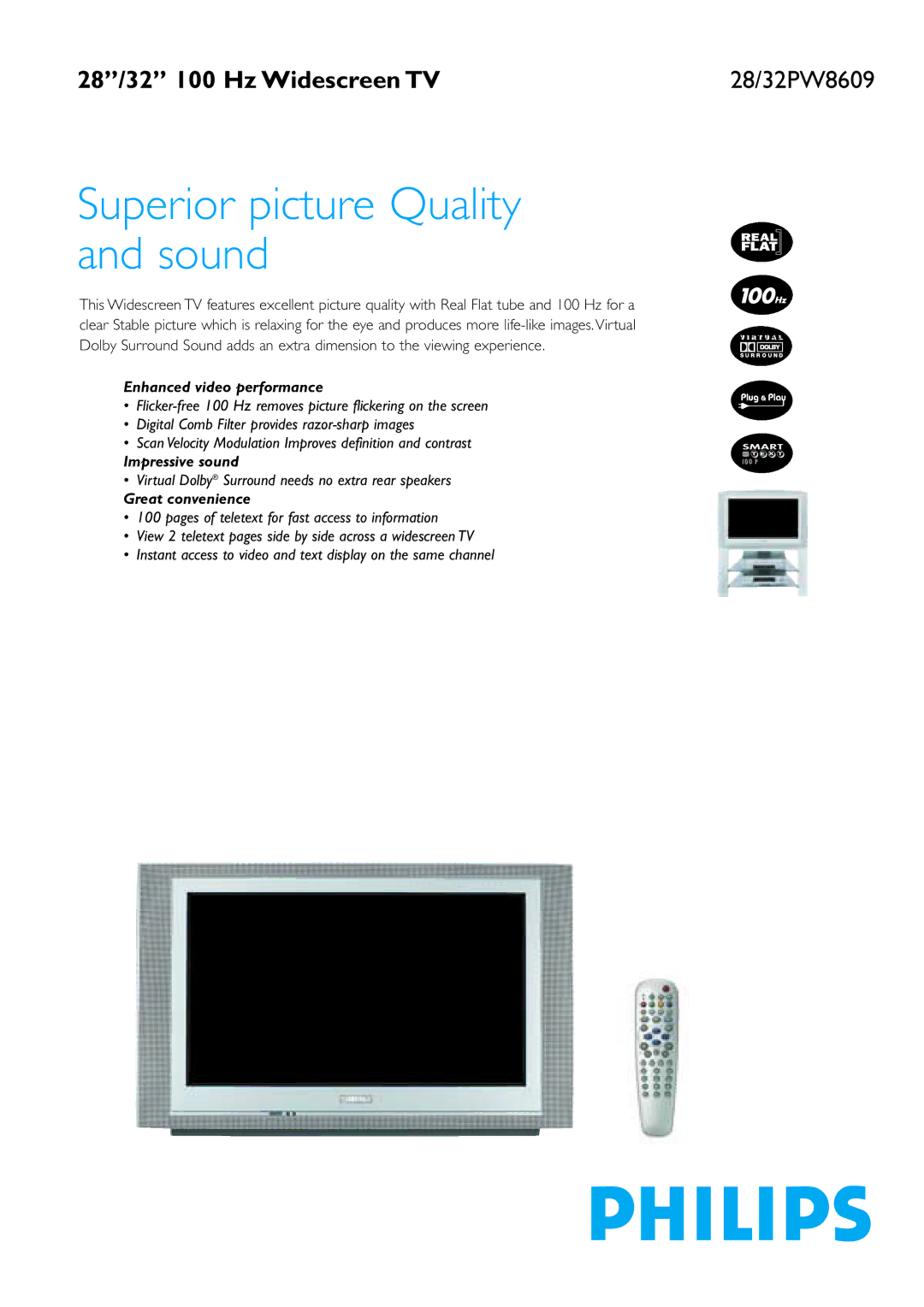 Philips 28/32PW8609 manual Enhanced video performance, Impressive sound, Great convenience 