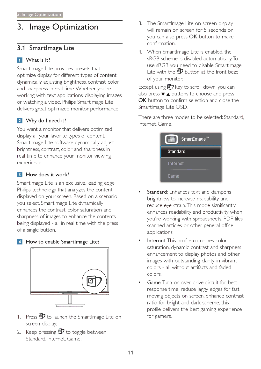 Philips 2.84E+07 user manual Image Optimization, SmartImage Lite 