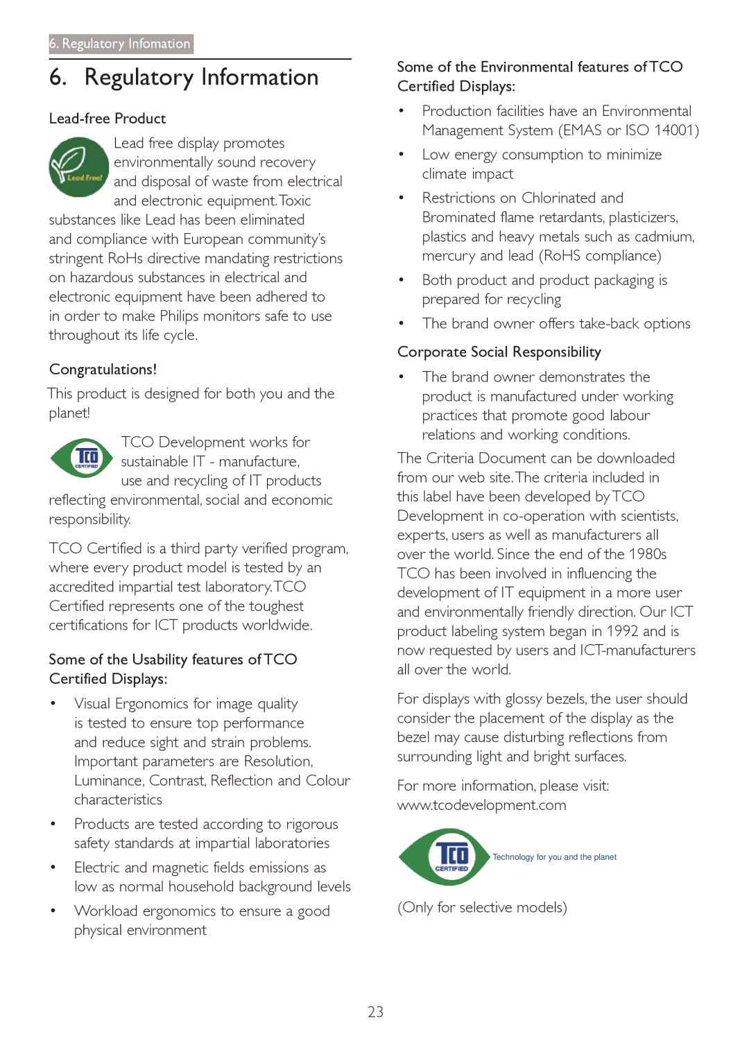 Philips 2.84E+07 user manual Regulatory Information, Lead-free Product,  Low energy consumption to minimize climate impact 