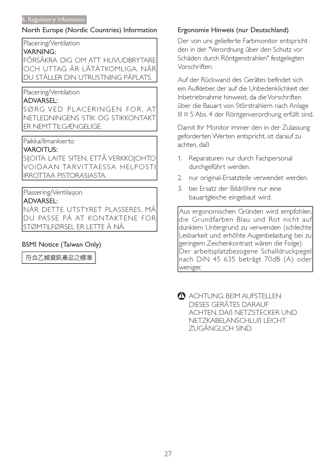 Philips 2.84E+07 user manual Varning, Varoitus, Achtung Beim Aufstellen 