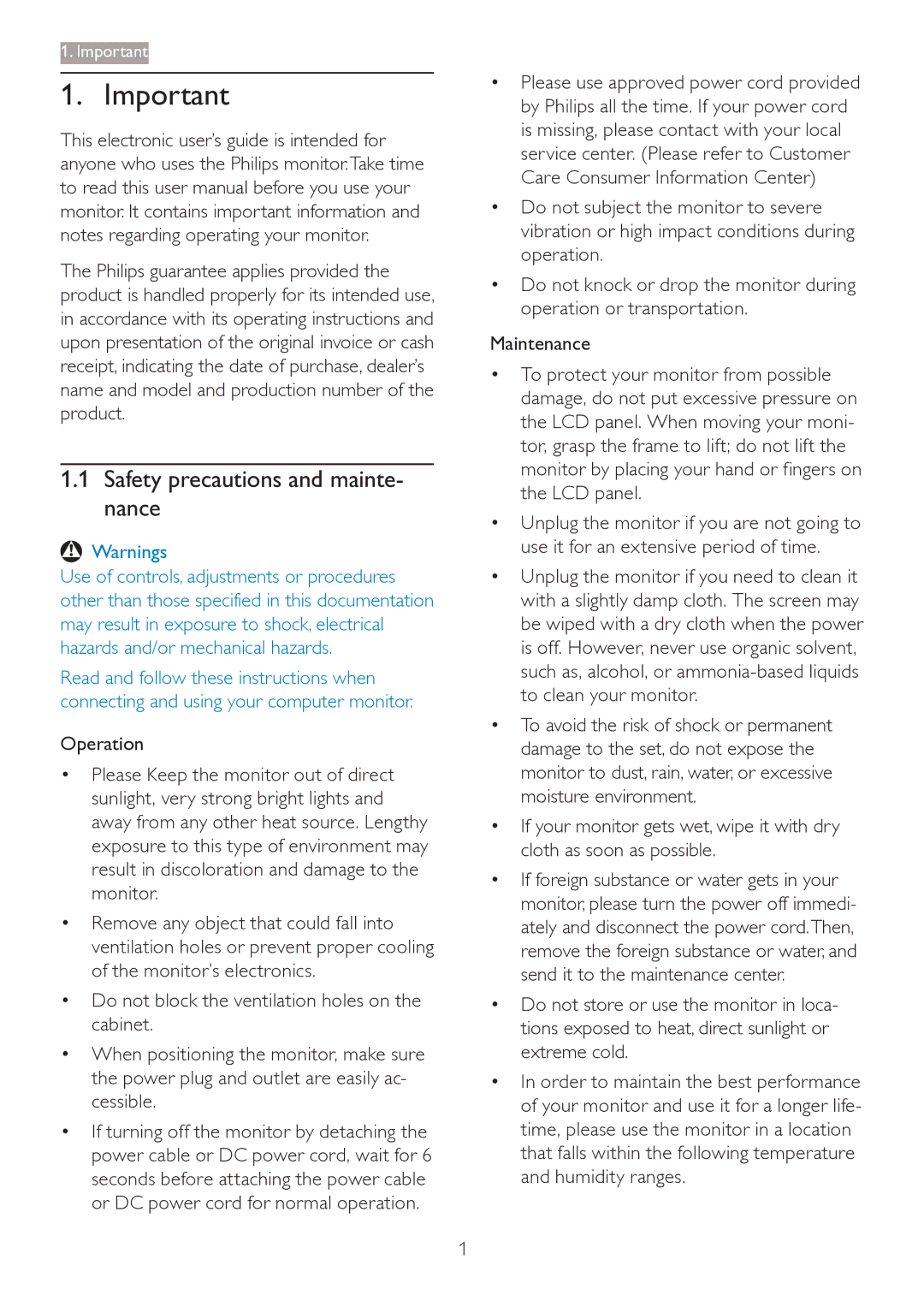 Philips 2.84E+07 user manual Safety precautions and mainte- nance 