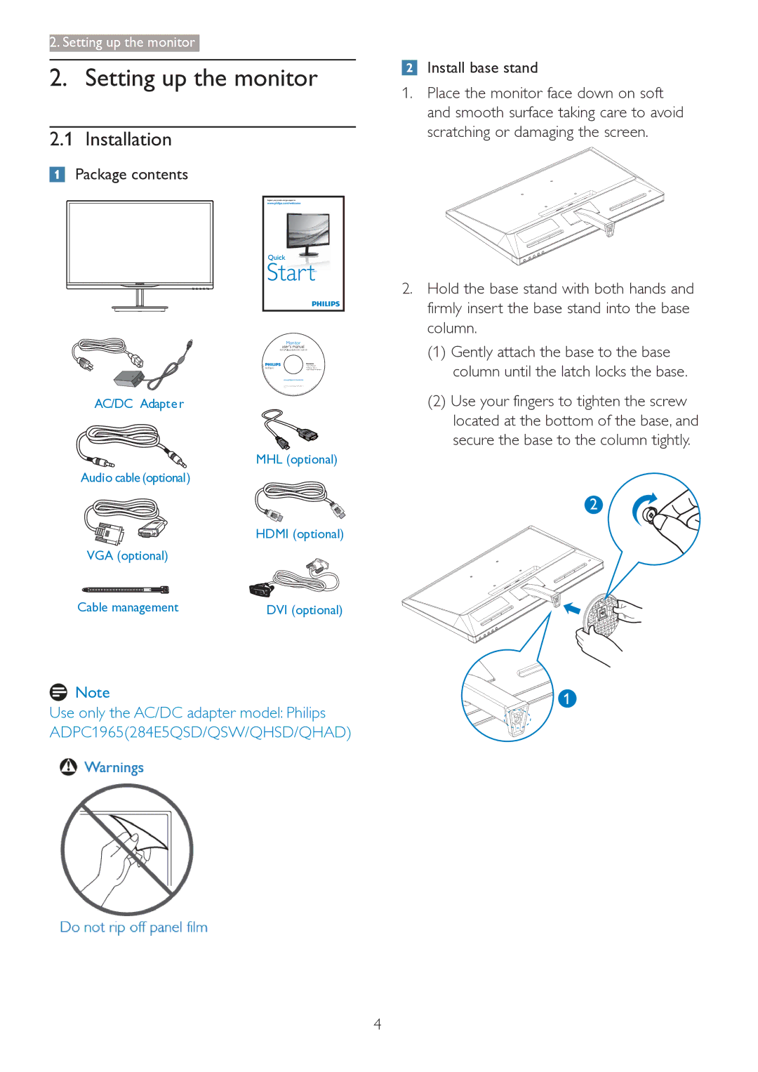 Philips 2.84E+07 user manual Setting up the monitor, Installation, Package contents, Install base stand 